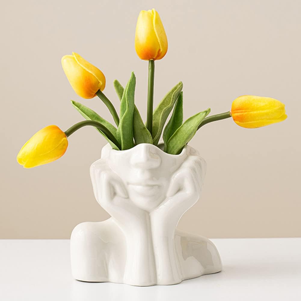 White Ceramic Face Vase, Female Form Head Half Body Bust Vases Boho Feminist Minimalism Decorative Modern Nordic Style Flower Vase for Home Living