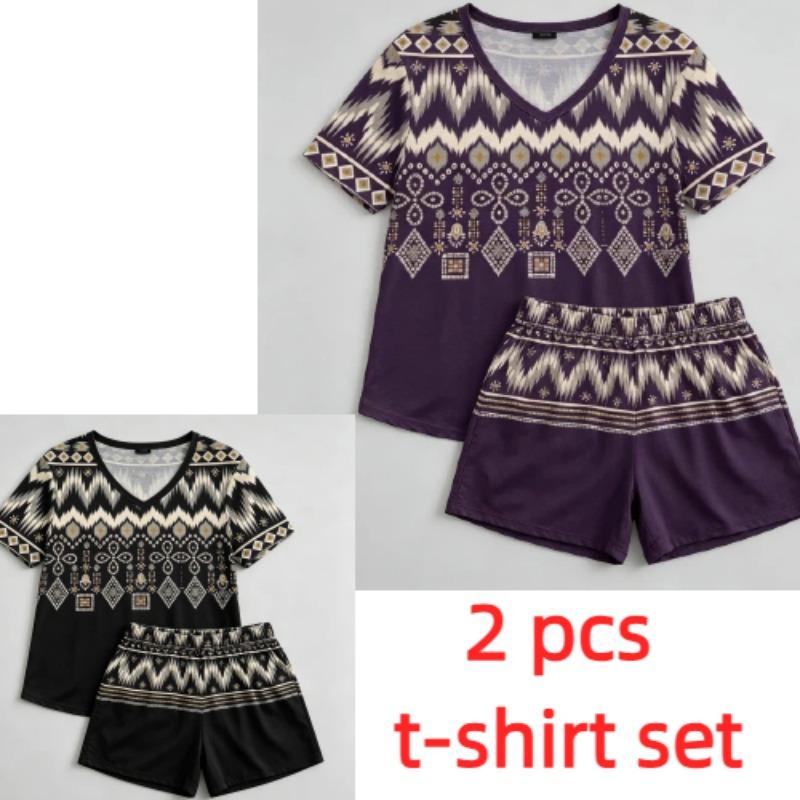 Summer Geometric Wavy Lines Pattern Printed V- Neck Short Sleeved T-Shirt And Shorts Set Women's and Men's T-shirt Shorts Set