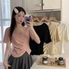 Women's Irregular V-neck Slit Short-sleeved T-shirt for Women's Summer New Pleated Student Short Top Base Shirt