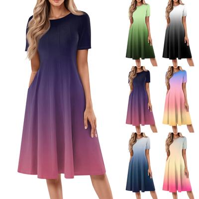 Женское повседневное модное платье с круглым вырезом и коротким рукавом средней длины с градиентом