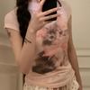 Модные милые розовые футболки с круглым вырезом и принтом кота Y2k Grunge Slim Fit Tops Women 2024 Summer New Short Sleeve Tee Shirt