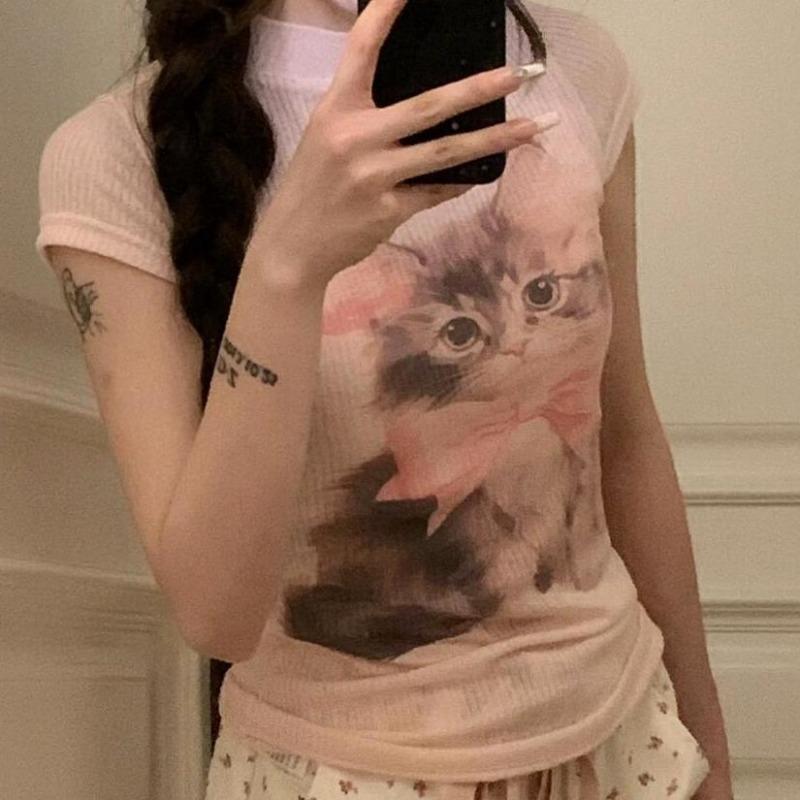 Модные милые розовые футболки с круглым вырезом и принтом кота Y2k Grunge Slim Fit Tops Women 2024 Summer New Short Sleeve Tee Shirt