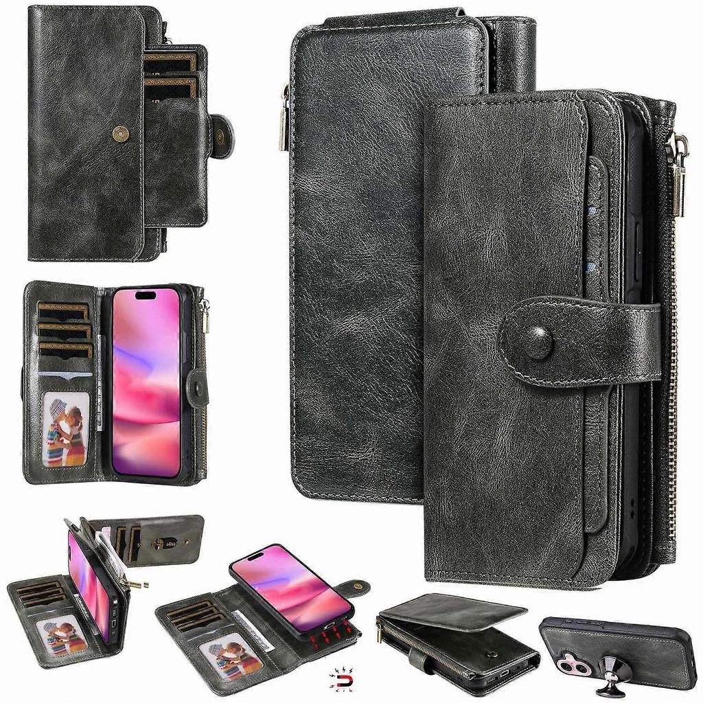 KT Multi-Functional Series-3 For iPhone 16 Phone Case PU Leather Zipper Wallet Detachable Cover - Bl