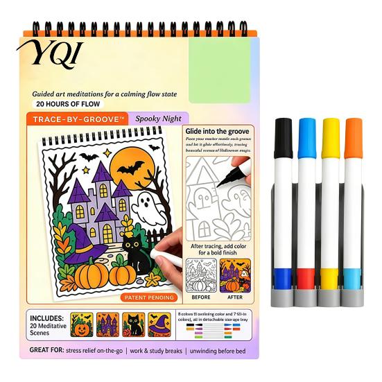Mindful Coloring for Relaxation Trace-By-Groove Guided Book, Clear Artistic Printing with 20 Decorative Spiral Bound Drawing Album Scenes And