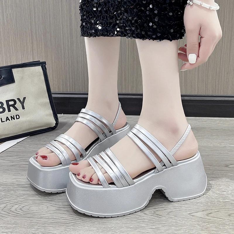 Fashion Silver Wedge Sandals Women Platform Shoes Black Belt High Heels Gladiator Chunky Heeled Sandals Summer Wedges Zapatos De Mujer
