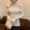 Elegant Women One-word Shoulder Knitted Pullover Sweater Autumn New Long Sleeve Shirt Ladies Korean Fashion Solid Color Casual Sweaters Clothes 2331