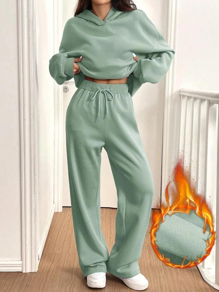 European-American 2-Piece Women's Warm Lined Hoodie & Casual Pants Autumn/Winter Sports Set