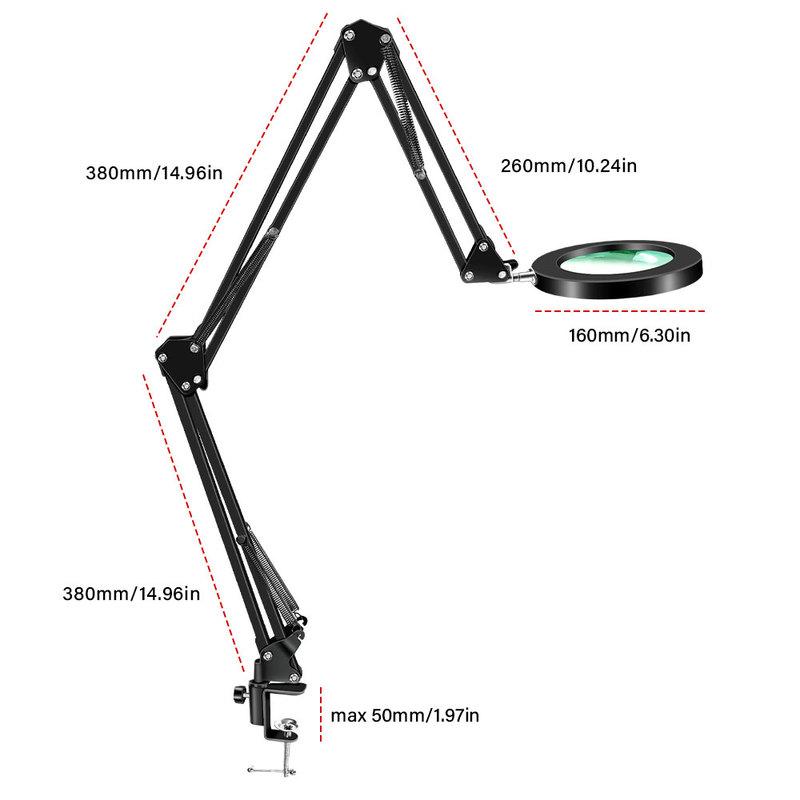 Three stage folding Magnifying Glass with Light and Clamp 3 Color Modes Stepless Dimmable Flexible Swing Arm 72 LED Desk Lamp