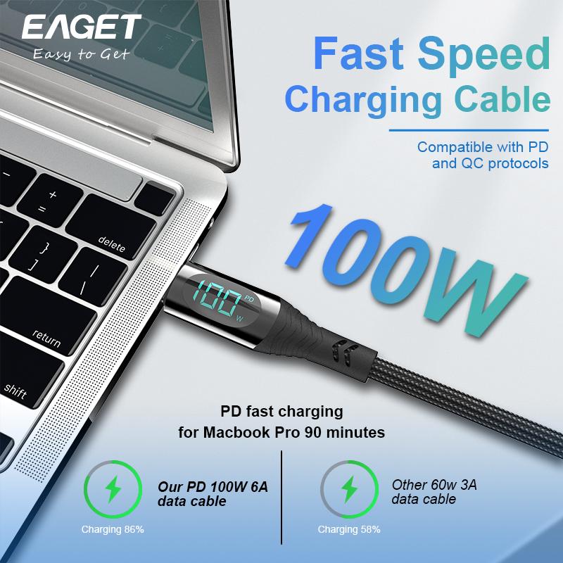 Кабель USB-C для быстрой зарядки мощностью 100 Вт — цифровой дисплей, нейлоновый плетеный кабель для iPhone 15 и других устройств на базе Android