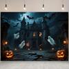 Фон для Хэллоуинской вечеринки с элементами тыквы, замка, летучей мыши, привидения для фотобудки, мероприятия, праздника, настенного декора
