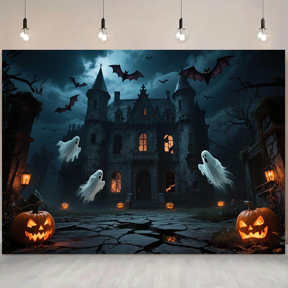 Фон для Хэллоуинской вечеринки с элементами тыквы, замка, летучей мыши, привидения для фотобудки, мероприятия, праздника, настенного декора