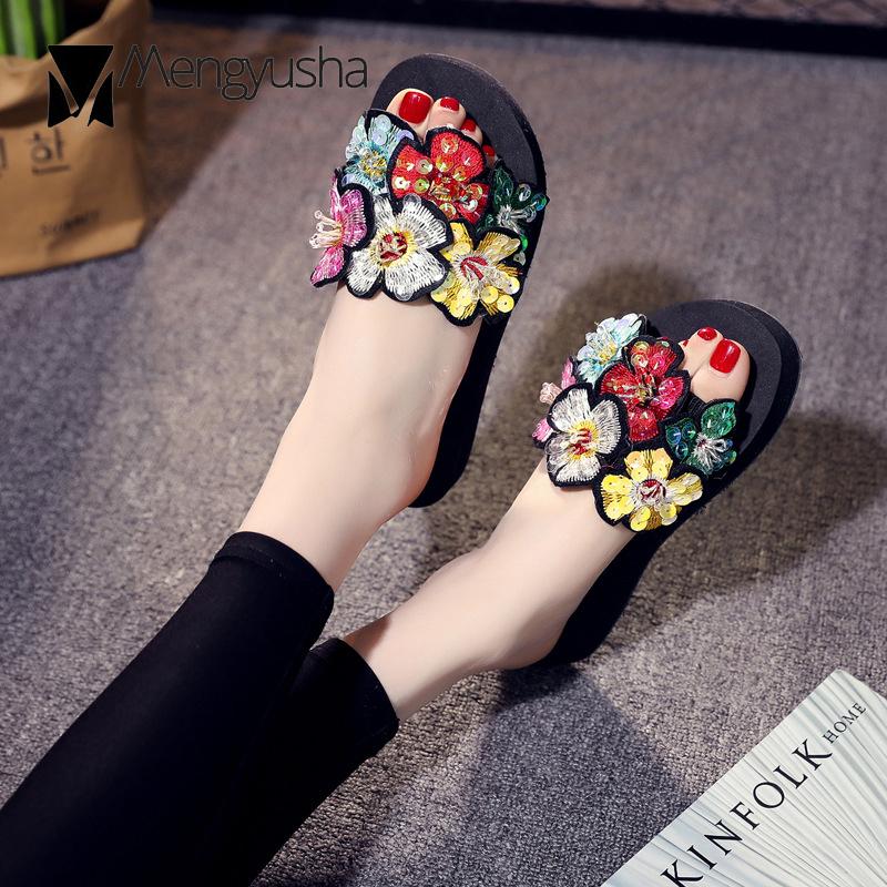 Fashion Colorful Floral Beach Slippers Woman Platform Sandalias Cozy Slip On Shoes Woman Flipflops Mujer Bling Size 35-42 Slides