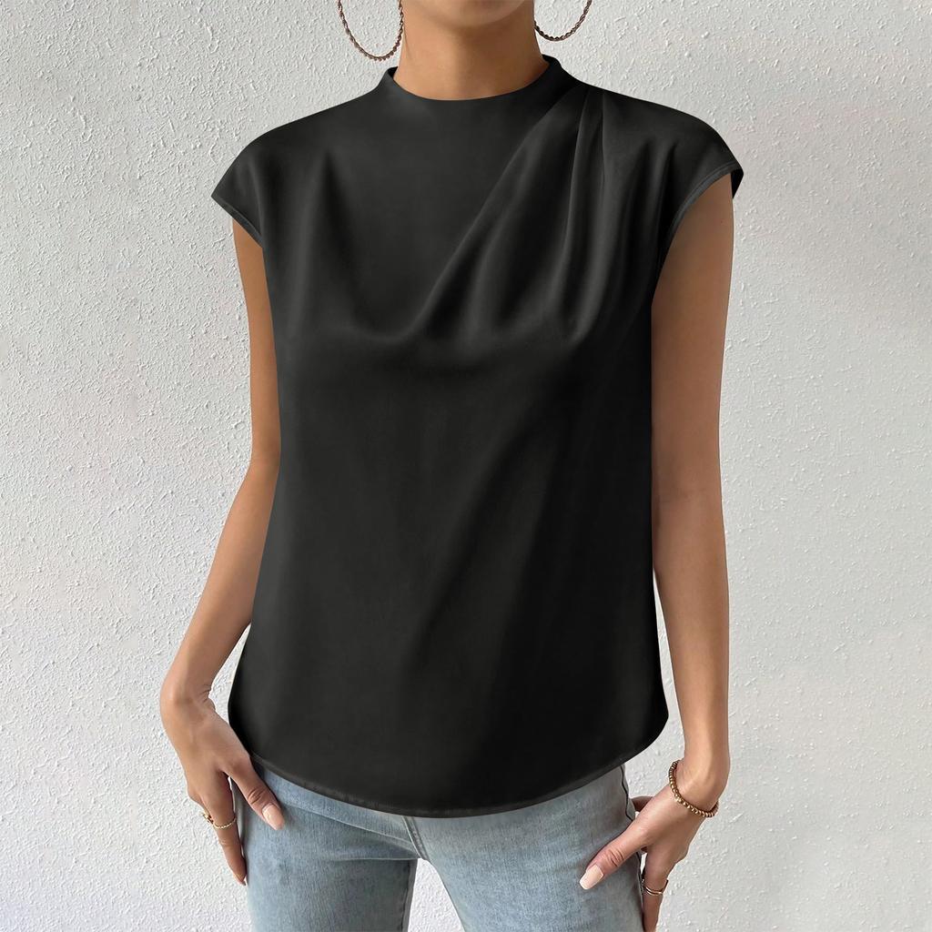 Женская повседневная элегантная атласная плиссированная рубашка с круглым вырезом, однотонный пуловер без рукавов, официальная рабочая рубашка, топ