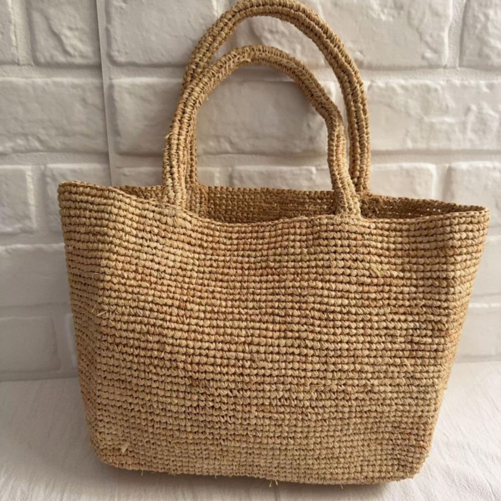 New Handmade Raffia Straw Bag Straw Material Woven Design Woven Beach Bag Double Handles Straw Shoulder Bag For Women