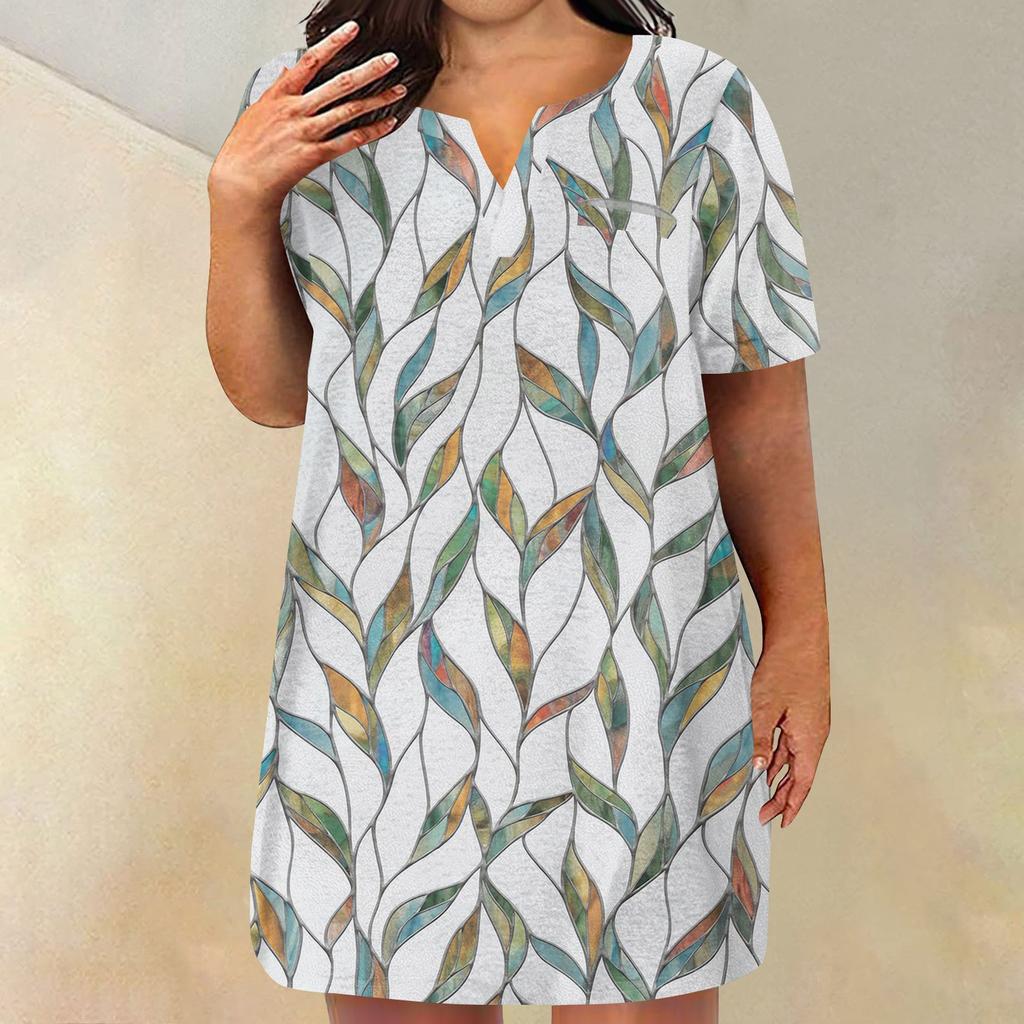 Womens Plus Size Dresses V Neck Short Sleeve Summer Casual Solid Dress Tunic With Pocket