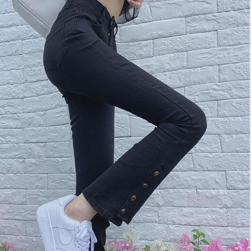 Женские джинсы с высокой талией и разрезом по низу, широкие - ранняя осень, большой размер