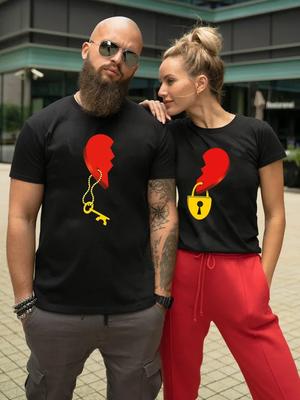 Футболка для пар King Queen с принтом «сердце» и замком-ключом для женщин и мужчин, летняя футболка, повседневные топы с круглым вырезом, футболка для влюбленных
