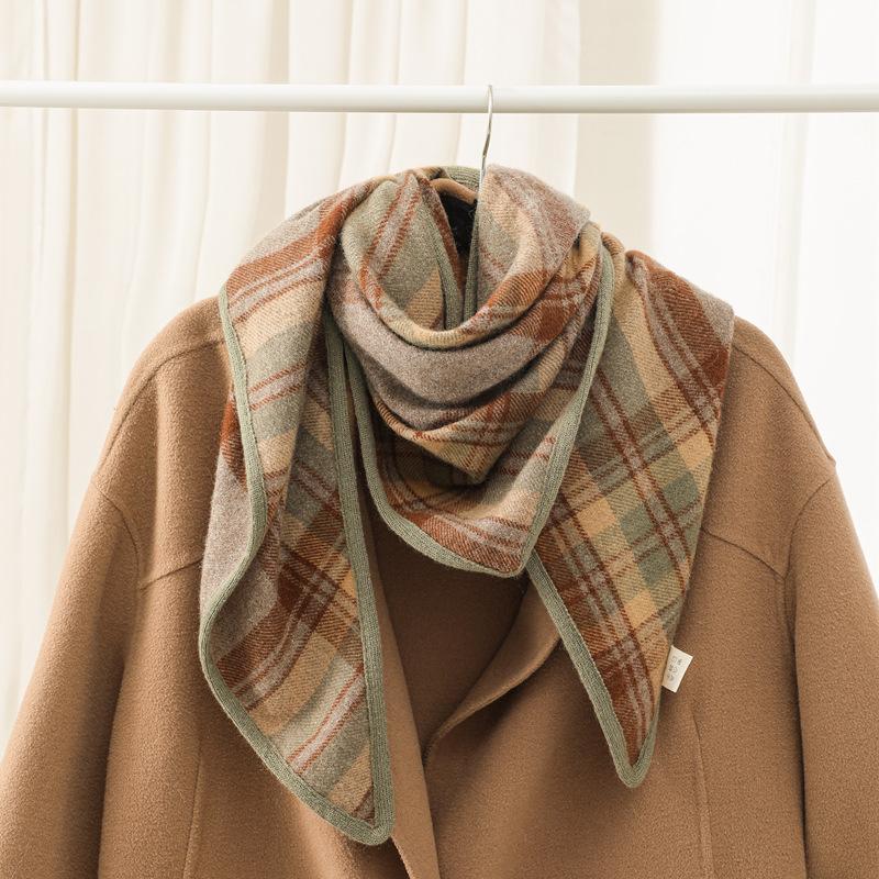 Autumn and Winter Double-sided Plaid Wool Scarf Women's Plaid Triangle Scarf Scarf Thickened Warm Shawl
