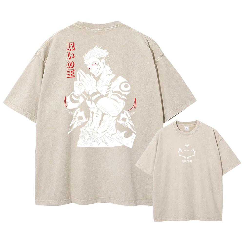 Мужская мода Уличная одежда Выстиранная черная футболка Японское аниме Графический принт Футболка Летний хлопок Оверсайз Топы Футболки