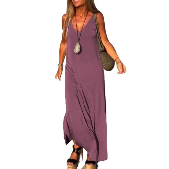 Женское летнее платье-комбинация без рукавов, повседневное платье макси с V-образным вырезом и разрезом, свободный пляжный сарафан, наряд для путешествий и отпуска