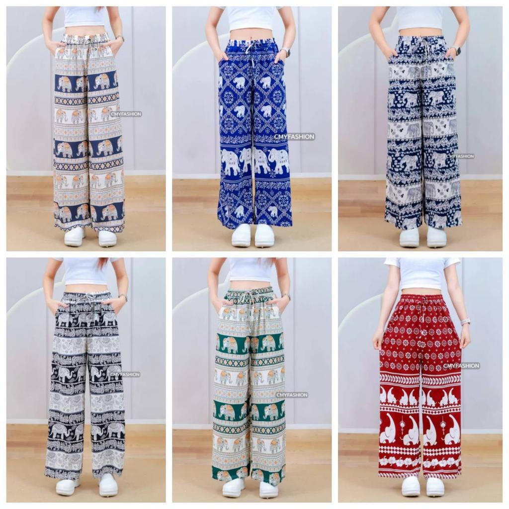 Длинные брюки-слоны Регулируемая эластичная высокая талия Веревка Женские Мужские Унисекс Принт Таиланд Повседневная уличная одежда Пляж Бохо Ретро Винтаж
