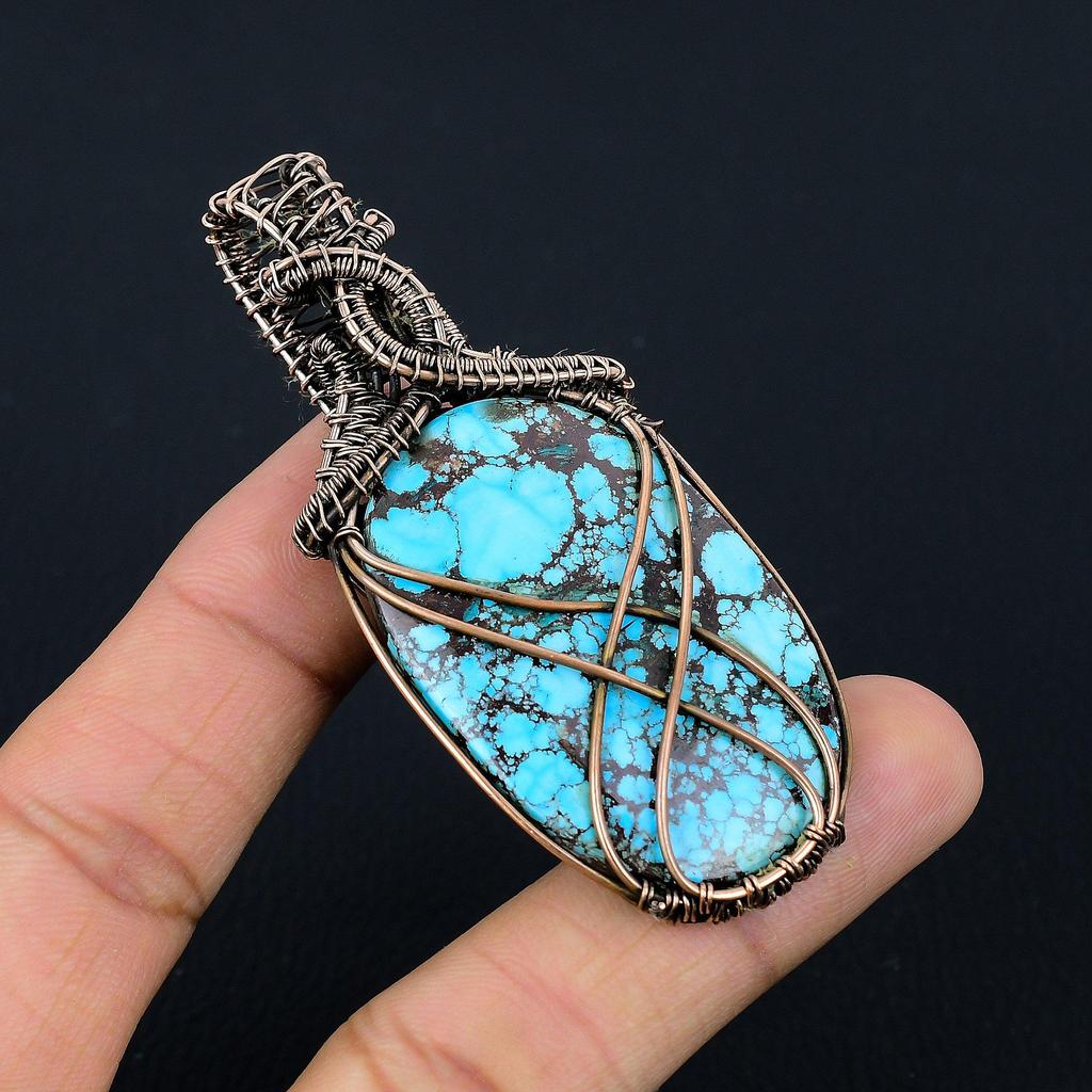 Tibetan Turquoise Pendant, 999 Copper Wire Wrapped Gemstone Jewelry, Handmade Pendant, For Thanksgiving