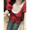 Korean Series Pure Desire BM Red Polka Dot Short sleeve T-shirt Women Summer Bow Small Man Pleat Puff sleeve Top Tide