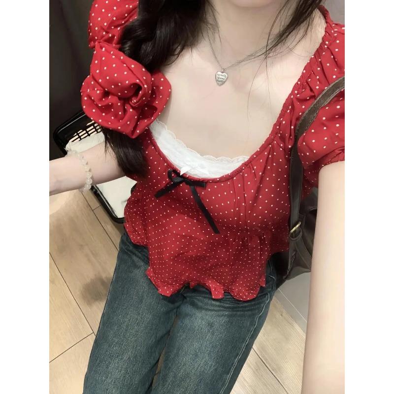 Korean Series Pure Desire BM Red Polka Dot Short sleeve T-shirt Women Summer Bow Small Man Pleat Puff sleeve Top Tide