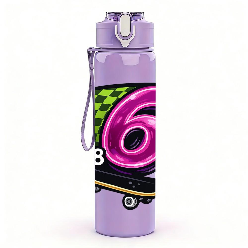 1PC Skateboard Six Number Logo 750ml Color Plastic Sports Water Bottle Leakproof Flip Straw Lid Suitable for Sports Office Home Use