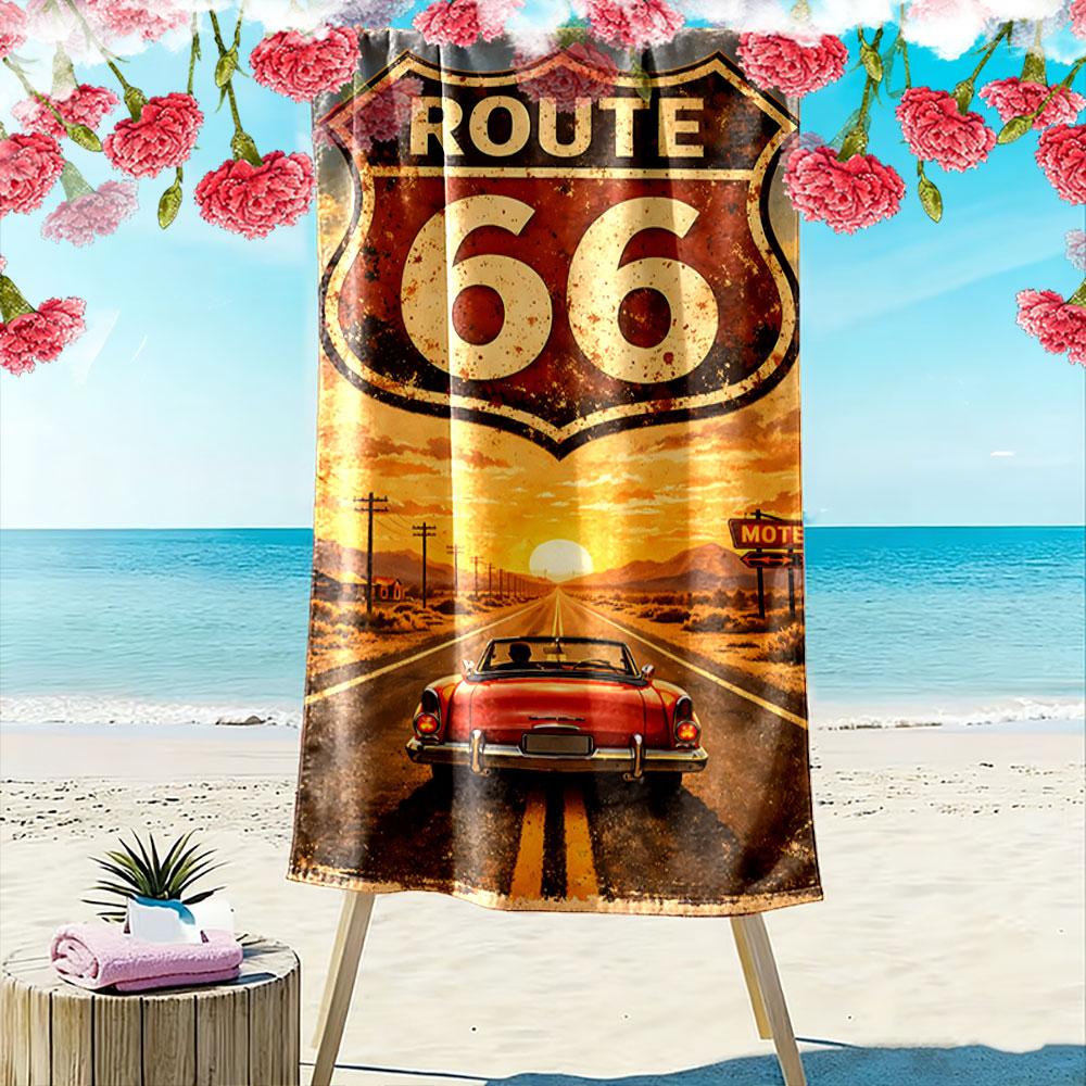 Route 66 Vintage Car Art Beach Towel Quick-drying for Travel Outdoor Sports Jogging Beach and Swimming