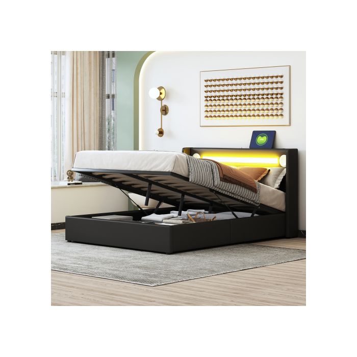 Кровать 140x200 - MUVOE - Кровать с LED - Bluetooth - Хранение - Искусственная кожа