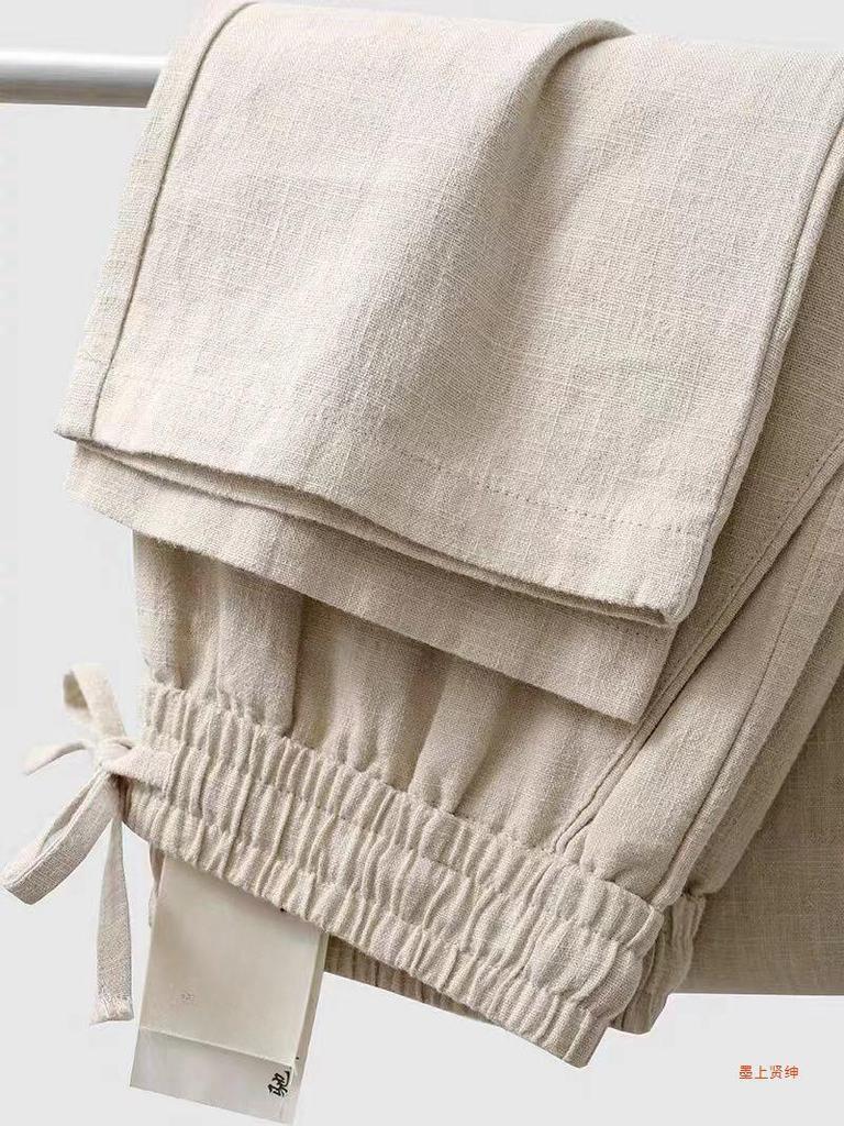 Льняные хлопковые дышащие свободные повседневные пляжные простые однотонные свободные прямые брюки со шнурком