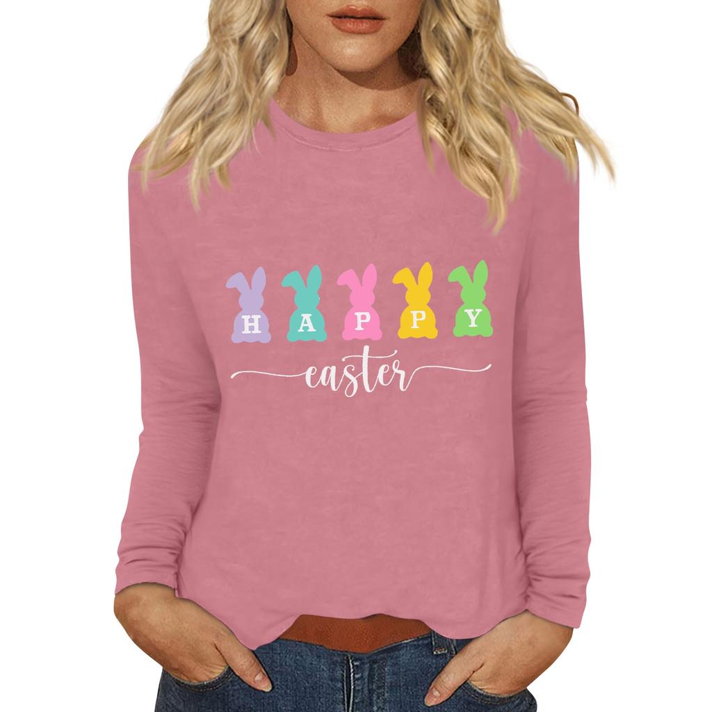 Long Sleeve Shirts For Women Easter Carnival Print Graphic Tees Blouses Casual Basic Tops Pullover