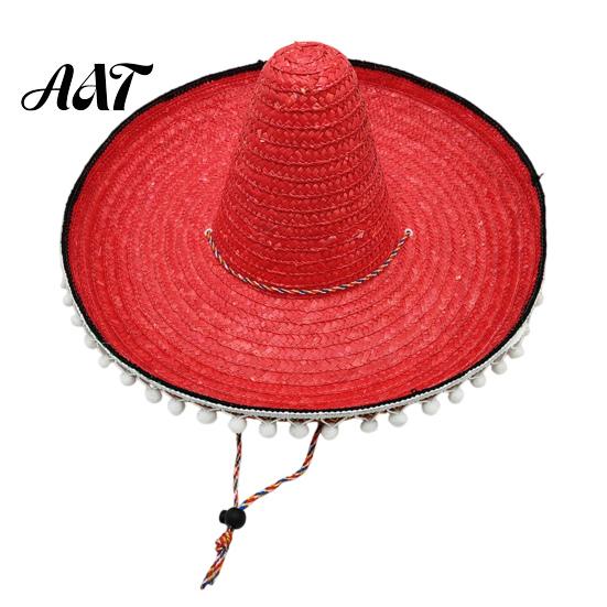Bright Design Hat Mexican Sombrero with Colorful Poms, Hawaiian Style Woven Straw Sun Hat, Wide Brim Lightweight Party Costume for Summer Beach