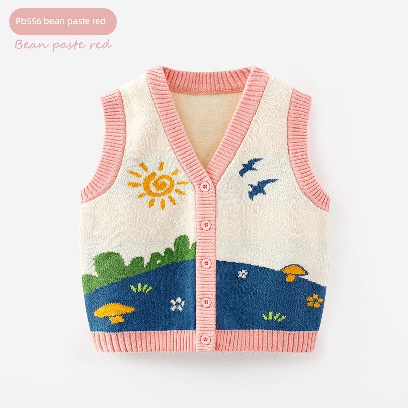 Children's Clothing Boys and Girls Pastoral Style Knitwear Baby Vest Vest Cardigan Spring and Autumn Cartoon Children's Vest Sweater