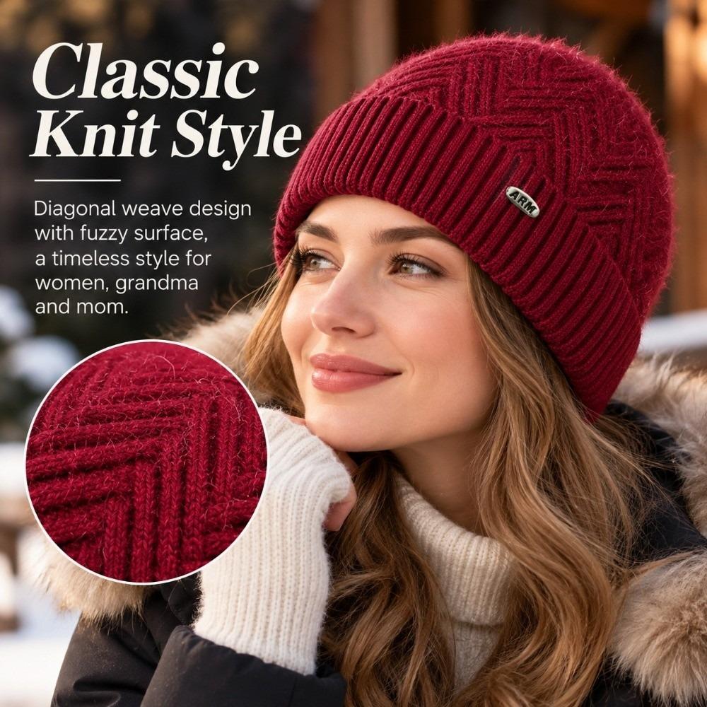 Thick Plush Liner Knitted Beanie Fuzzy Knit Fabric Elderly Ladies Hat Senior Women Daily Wear