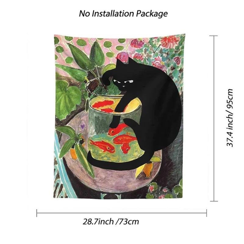 S Curious Cat Tapestry, Cat And Goldfish With Tropical Plant Murals, Aesthetic Decoration In The Living Room