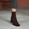 Винтажные замшевые женские ботильоны Модные ботильоны на толстом каблуке Осенне-зимняя женская обувь