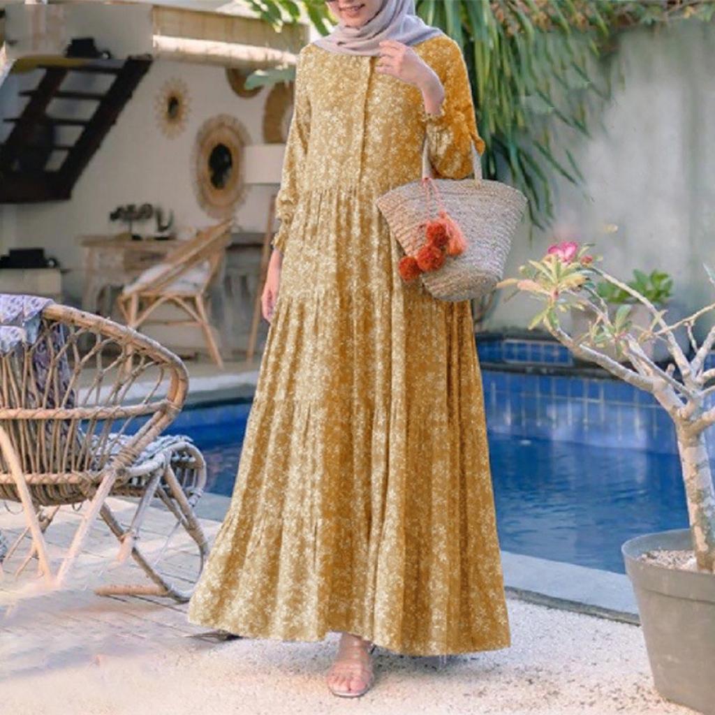 Womens Layered Floral Printed Full Sleeve Muslim Casual Long Dresses