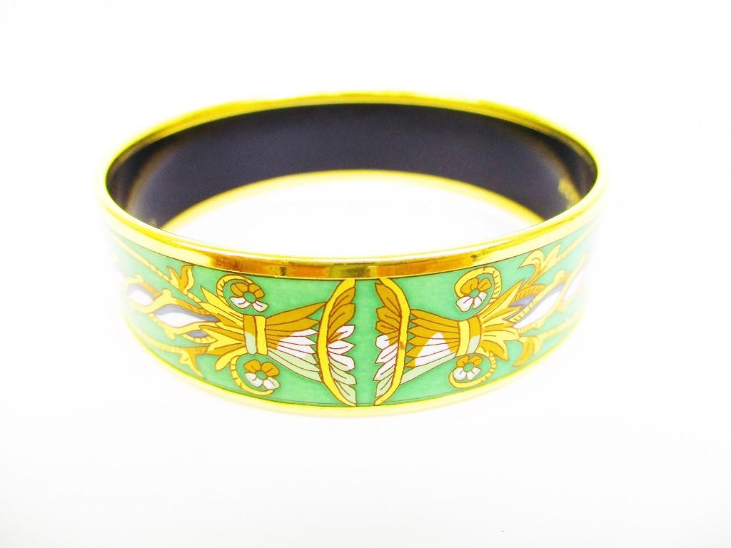 Authentic HERMES Enamel Bangle Bracelet Green Multicolor Emaiyu GM #6652 Refurbished