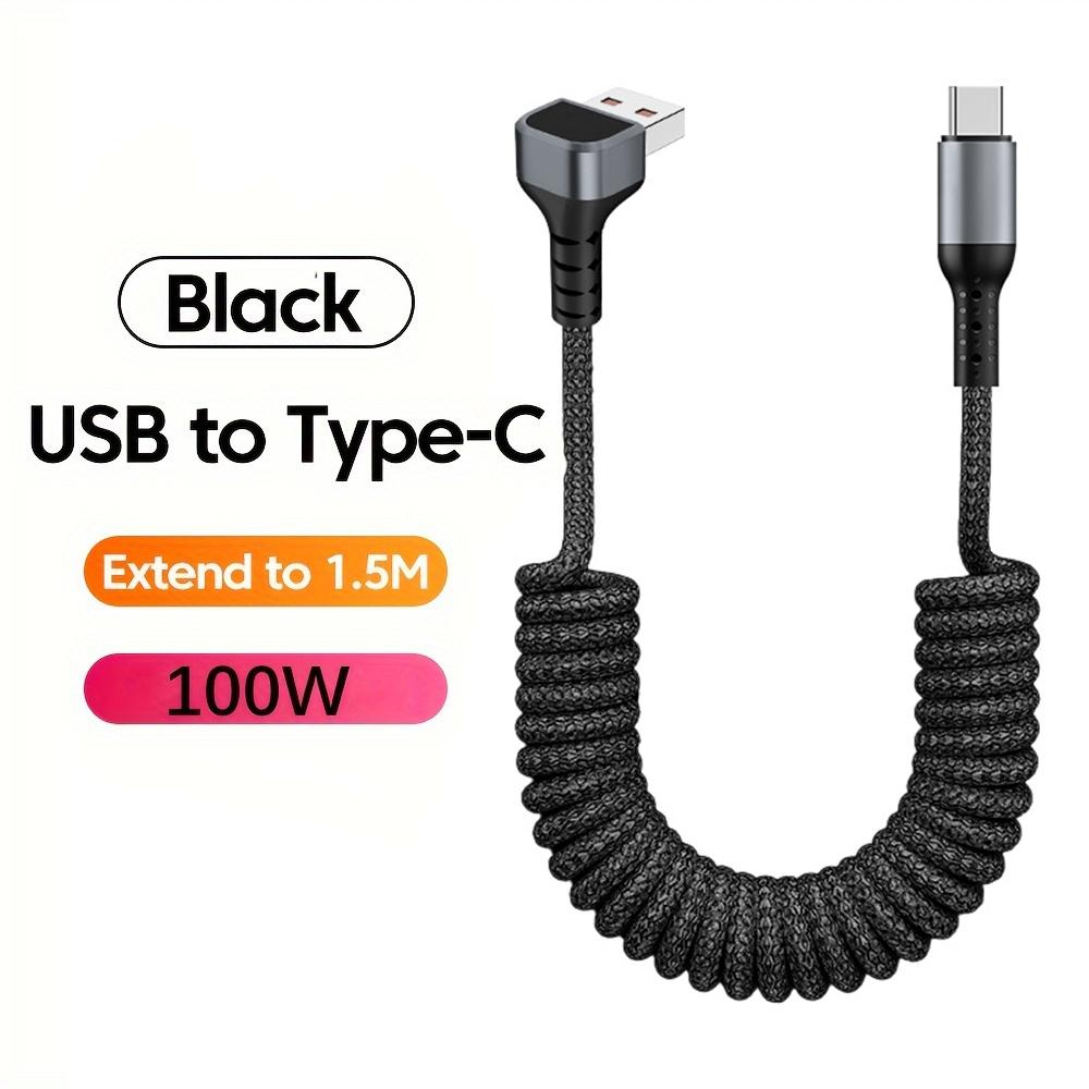 90-градусный 100-ваттный пружинный USB Type C кабель для быстрой зарядки в автомобиле для Samsung Xiaomi, USB C Data Cord для iPhone 15 Huawei, USB C провод