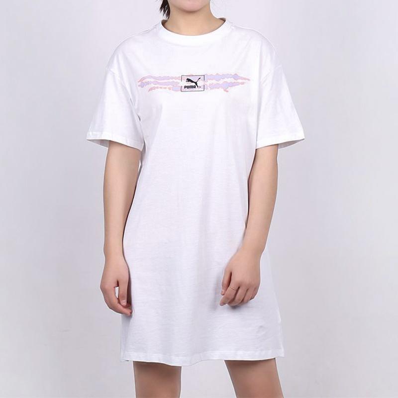 PUMA Short Sleeved Dresses Women's White Crew Neck Moderate Short 599429-02