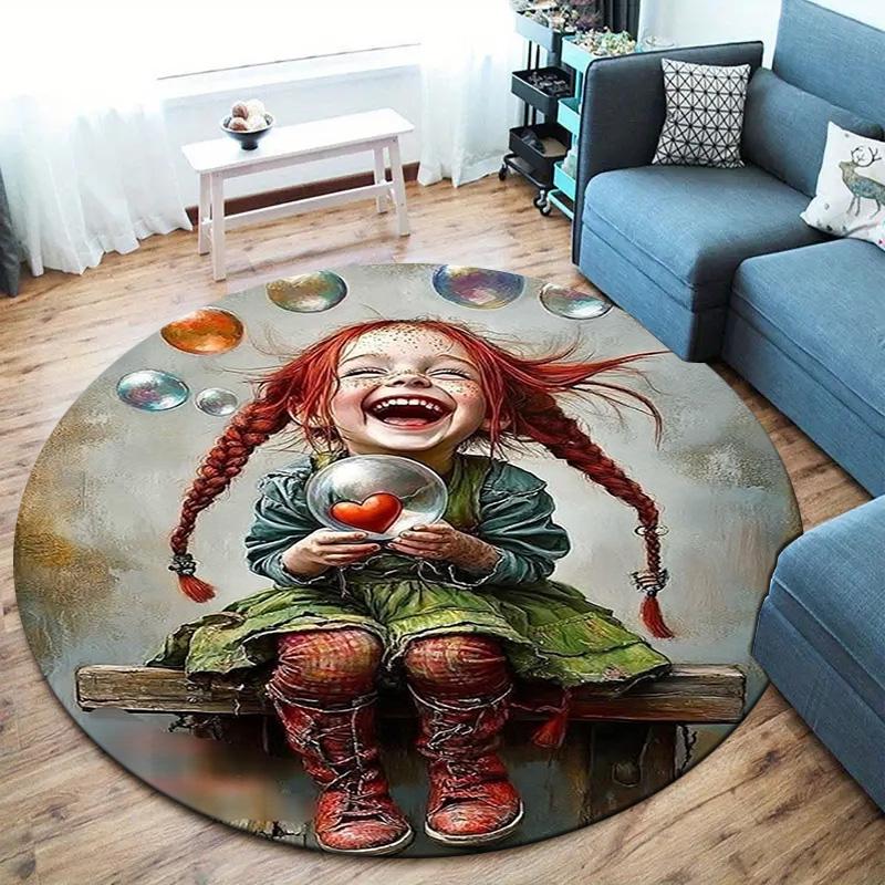 Pippi Longstocking Round Area Rug,Carpet Rug for Living Room Bedroom Sofa Playroom Decor,Non-slip Floor Mat