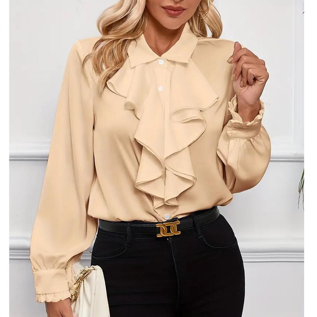 Women's Loose Casual Solid Color Ruffle Edge Shirt Long Sleeved Shirt Fashionable Shirt