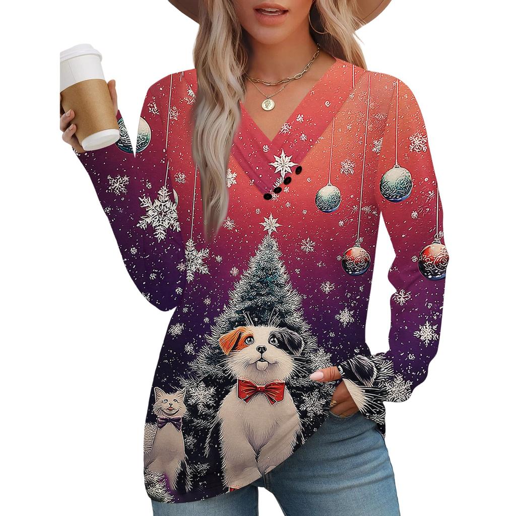 Women's Fashion Casual V-neck Pleated Christmas Long Sleeve Top