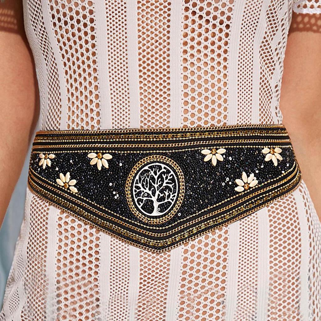 Эластичный пояс ручной работы в стиле бохо с отделкой из бисера и ракушками