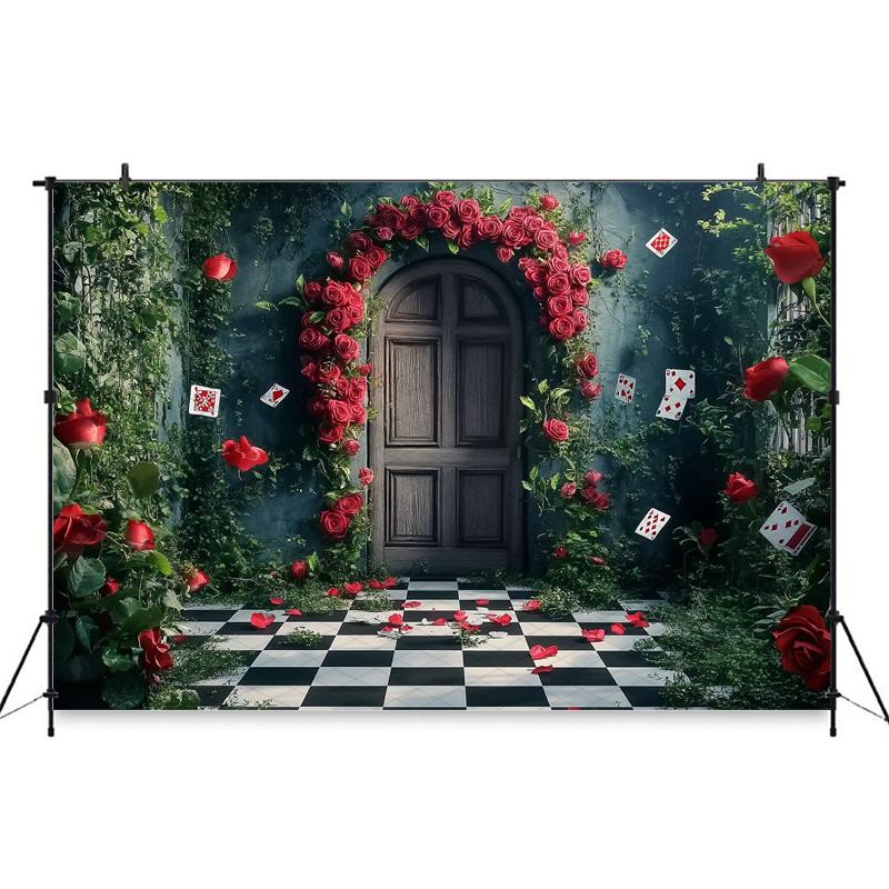 Mocsicka Spring Backdrop Easter Red Rose Flower Green Wall Card Door Black White Grid Floor Wedding Decorations Party Ba396