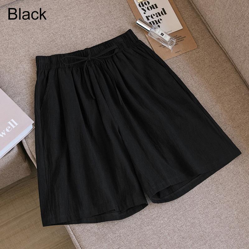 Women Summer Elastic Waist Wide Leg Pants Drawstring Shorts Beach Shorts Loose Casual Solid Color