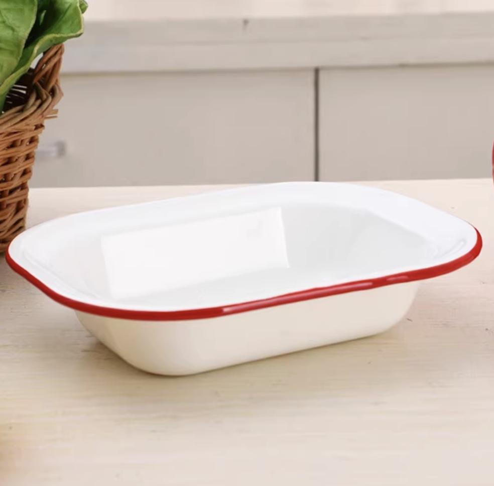 Ретро эмалированный прямоугольный поднос – Красный и синий ободок, тарелка для выпечки и обеда для домашнего использования
