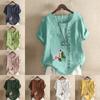 Women's Fashion Round Neck Short Sleeve T-shirt Casual Cotton Linen Graphic Shirt Leisure Loose Flowers Prined Summer Blouse Tops